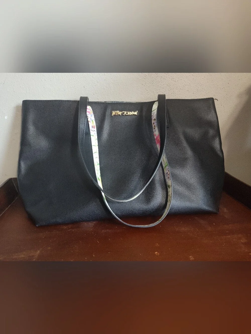 Betsey Johnson Black Tote with Floral-Trim Shoulder Straps